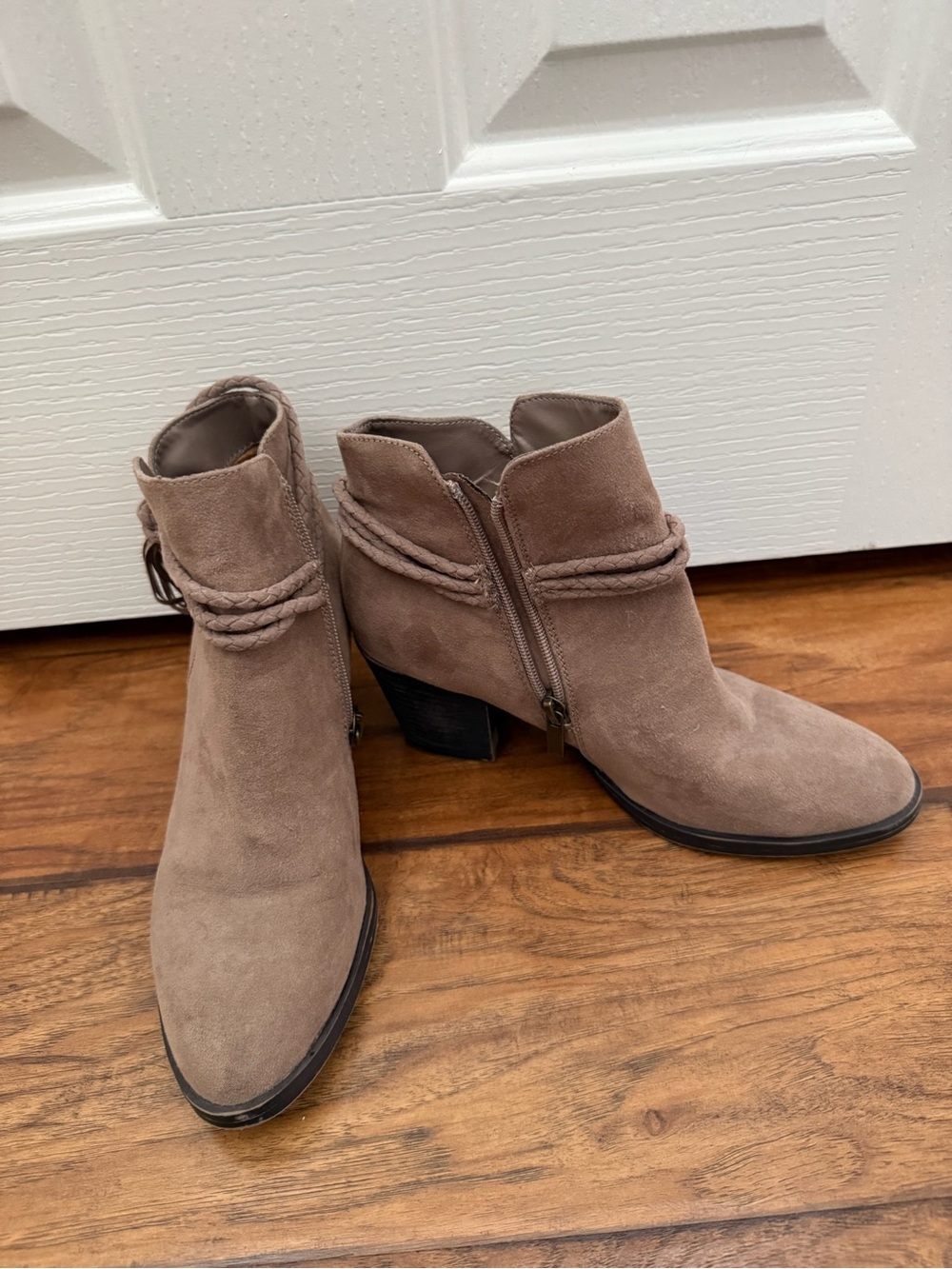 BAMBOO Taupe Suede Braided Ankle Booties